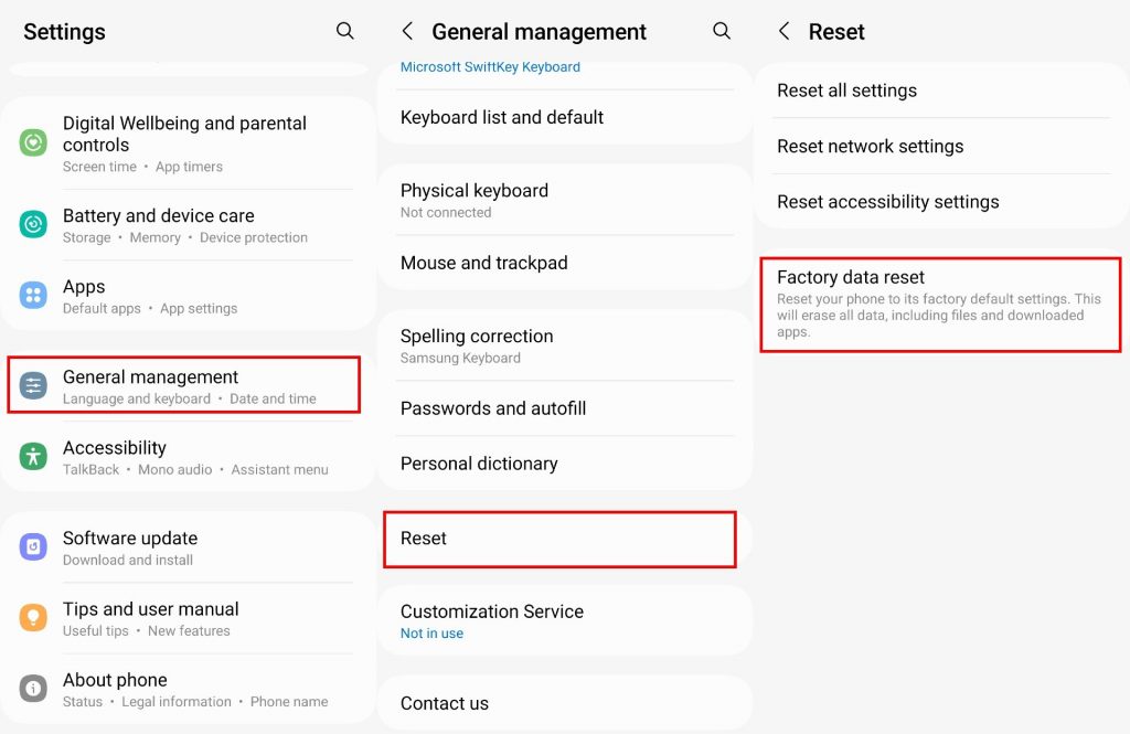 screenshot collage showing how to factory reset Android phone